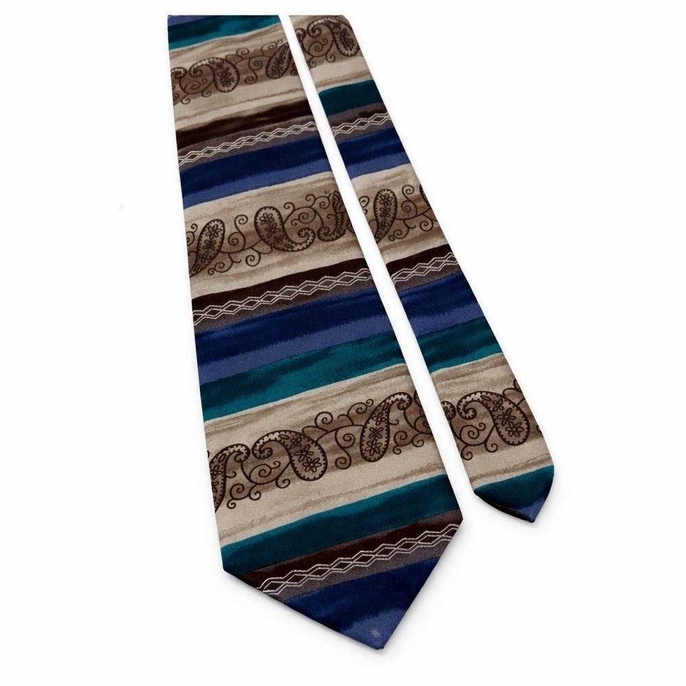 Vintage Surrey Silk Tie 4" Wide 60" Blue Teal Brown Paisley 90s USA